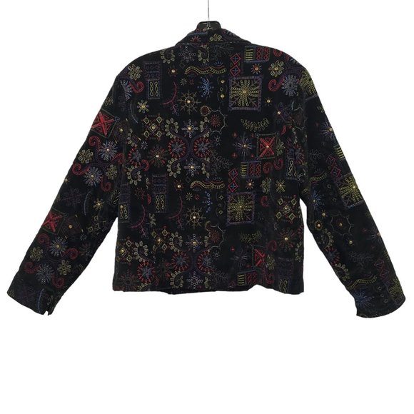 Chicos Black Velvet Embroidered Jacket Blazer 1 US M Boho Artsy Career Studded - Picture 2 of 16